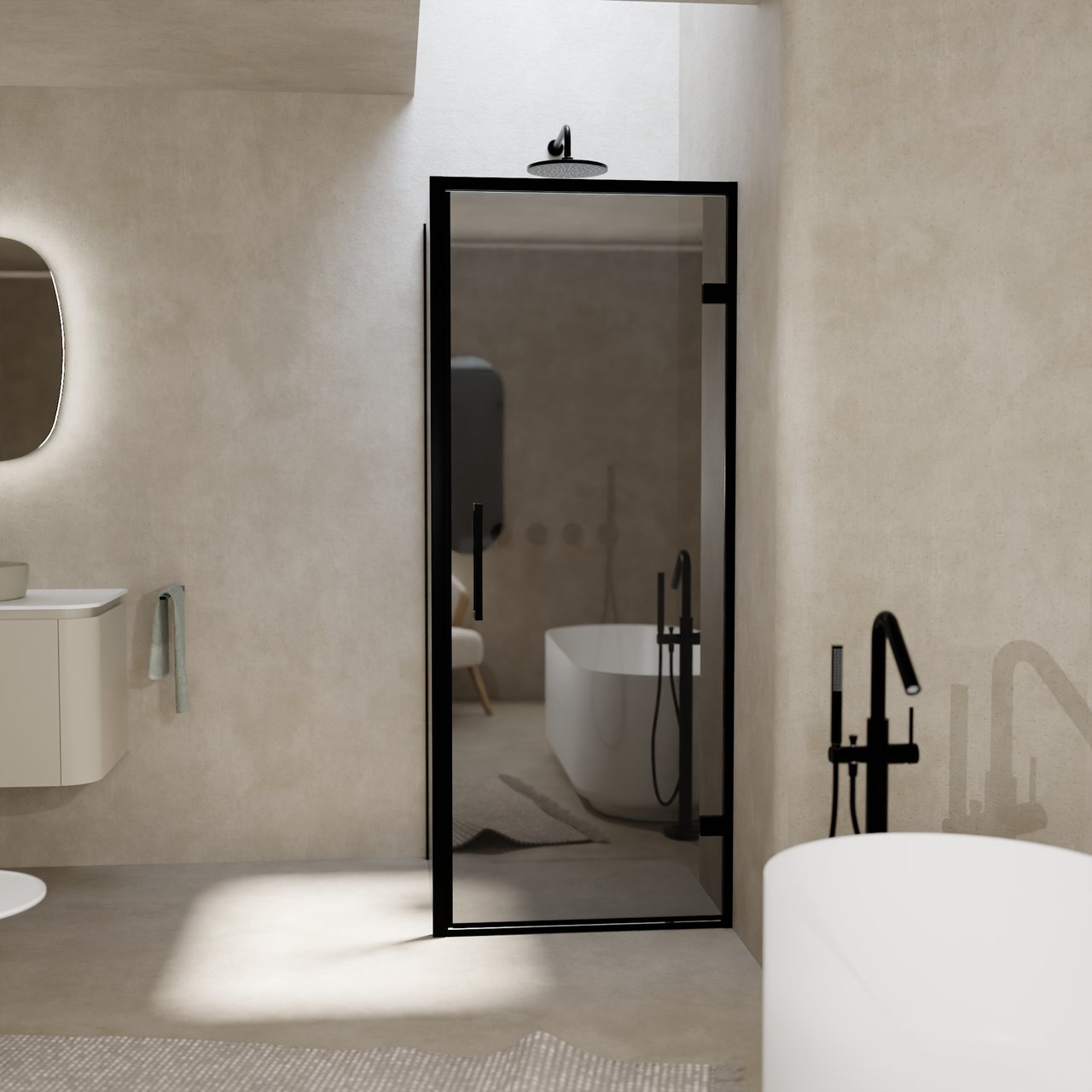 Balmani Senses Design douche en coin avec porte pivotante à droite et paroi latérale fixe, 90 x 90 cm, Miroir Reflex, Profil noir