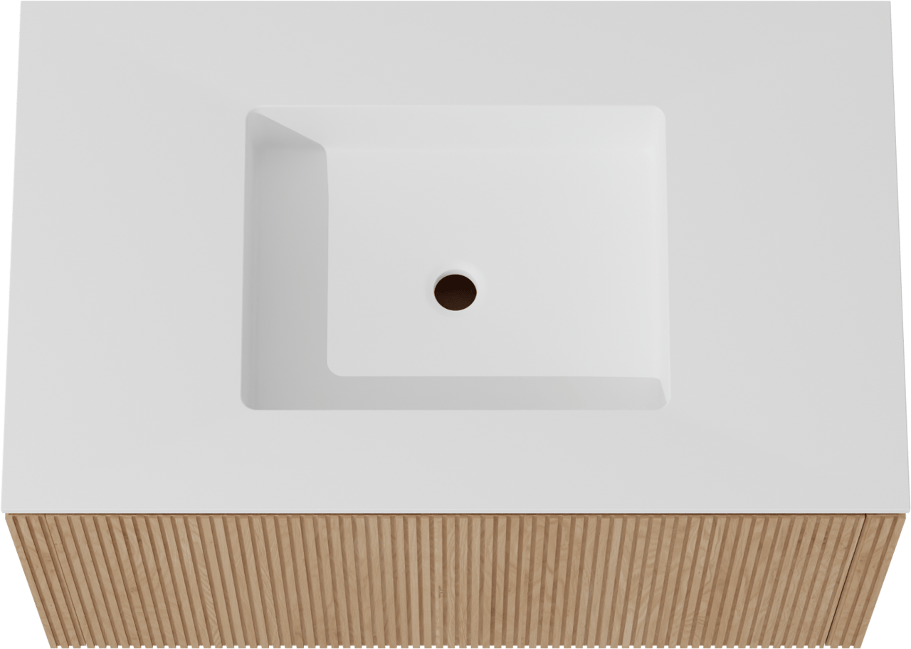 Balmani Eclips hängendes Möbelstück Set: 90 x 55 cm, Eiche Natur, mit Tablo Stretto Einzelwaschtisch Solid Surface Weiβ matt, Vertikale symmetrische gerade Rippe