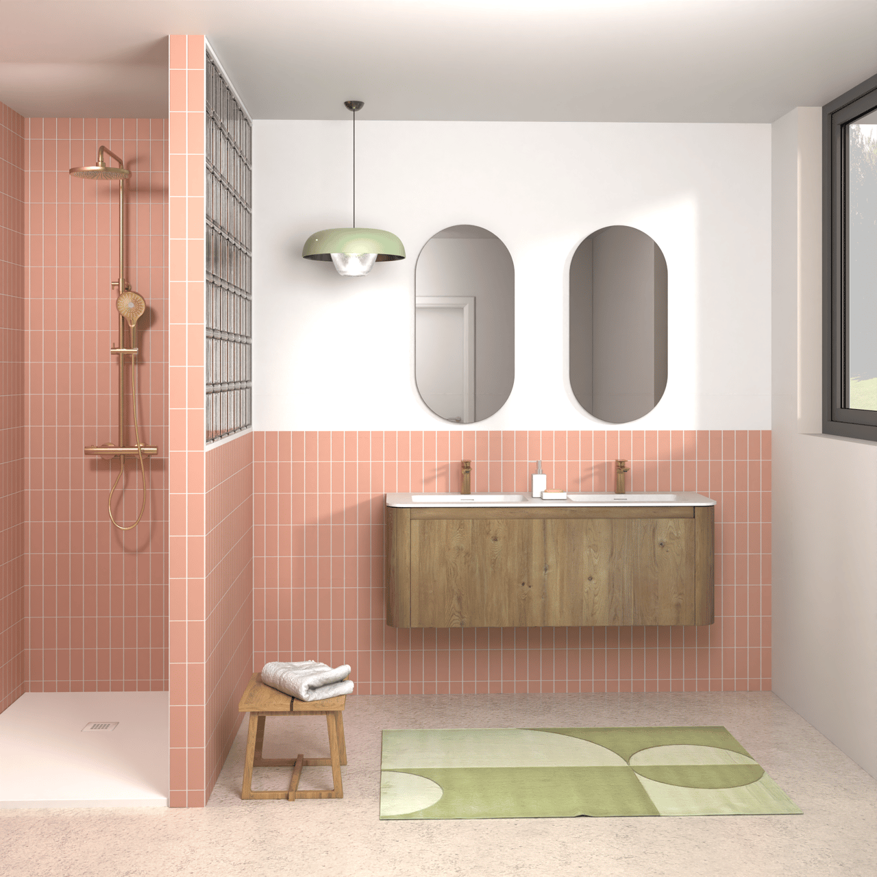 Storke Soft meuble salle de bains suspendu 140 x 46 cm chêne brut avec Mata Soft double vasque en Solid Surface blanc mat