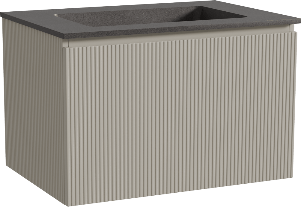 Storke Ribs zwevend badmeubel 75 x 52 cm zijdegrijs met Scuro enkele wastafel in kwarts mat zwart, Verticale symmetrische rechte ribbel