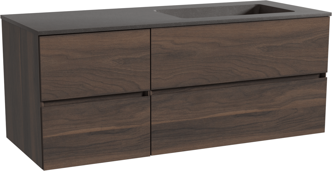 Storke Edge zwevend badkamermeubel 130 x 52 cm notelaar met Scuro asymmetrisch rechtse wastafel in kwarts mat zwart