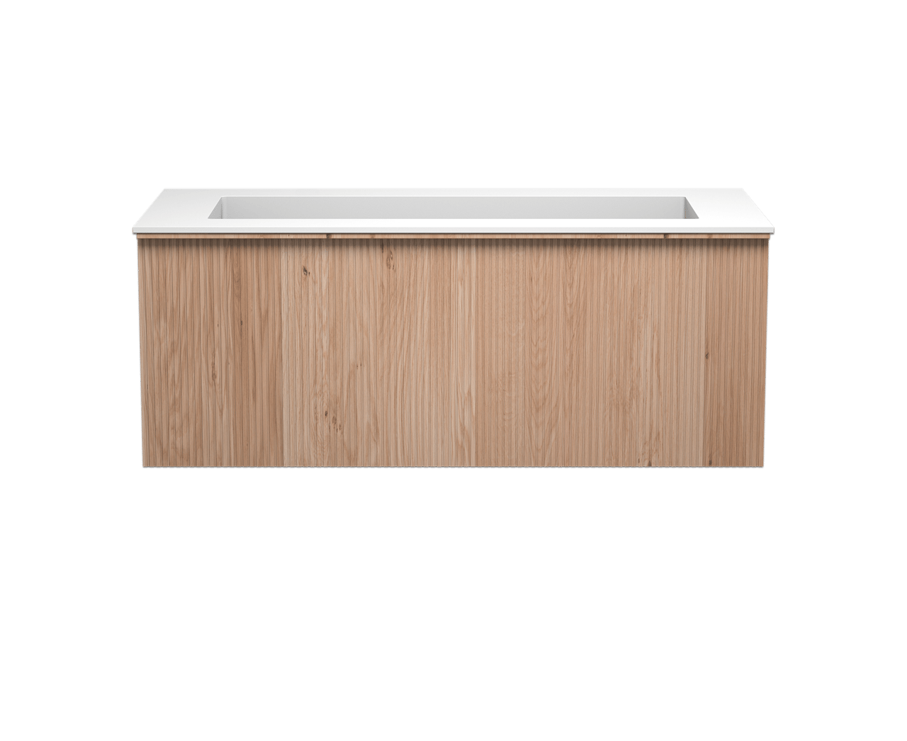 Balmani Forma hängendes Möbelstück Set: 120 x 55 cm, Naturbelassene Eiche, mit Tablo Stretto Einzelwaschtisch für 2 Armaturenlöcher, Solid Surface, Weiß matt, Vertikale symmetrische gerade Rippe