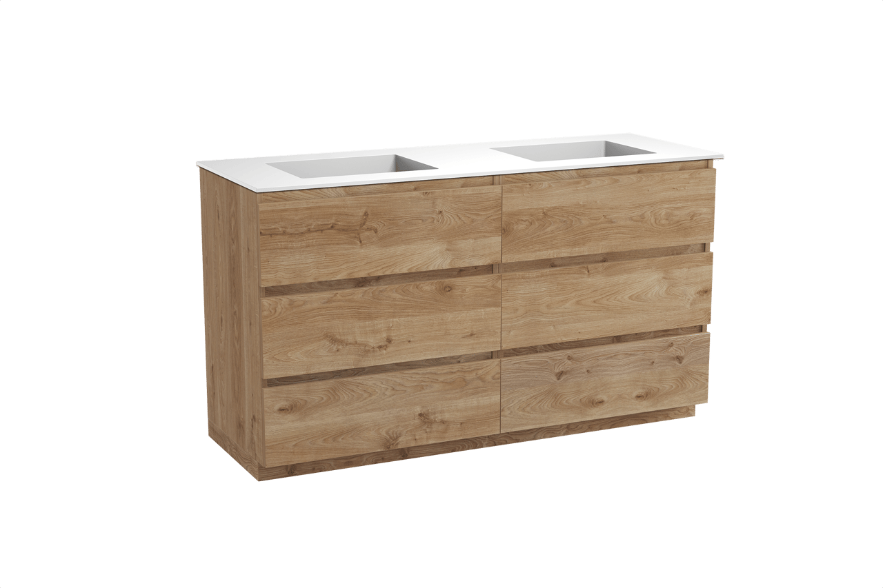 Balmani Lucida meuble salle de bains à poser 150 x 55 cm chêne brut avec Tablo Stretto double vasque en solid surface blanc mat