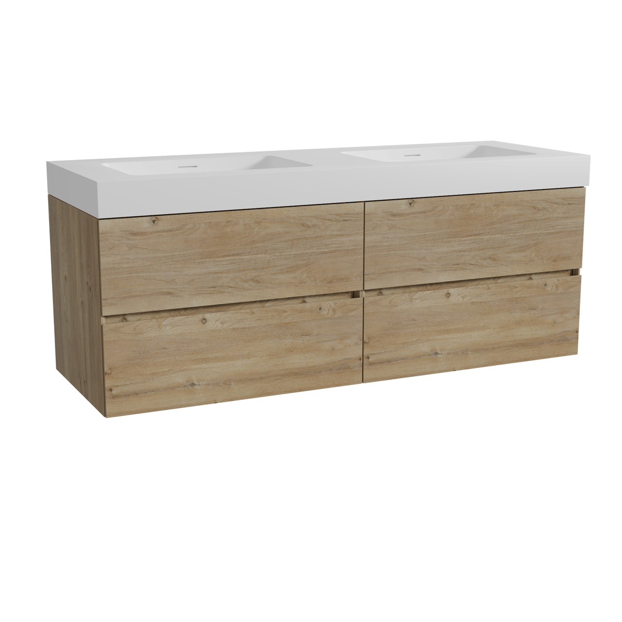 Storke Edge zwevend badmeubel 150 x 52 cm ruw eiken met Mata High dubbele wastafel in solid surface mat wit