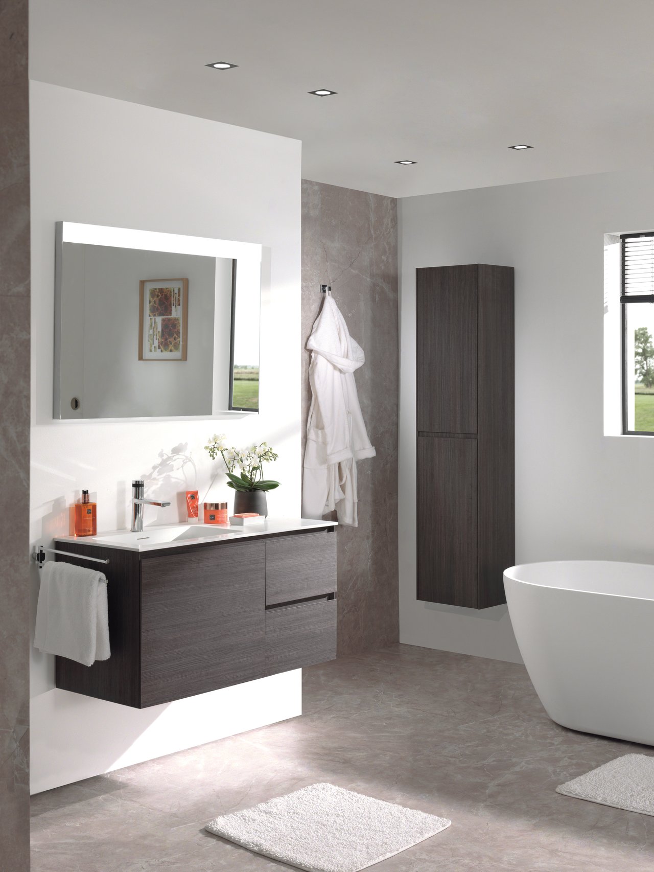 Storke Edge zwevende wastafelonderkast 100 x 46 cm asymmetrisch links donkere eik 3 lades