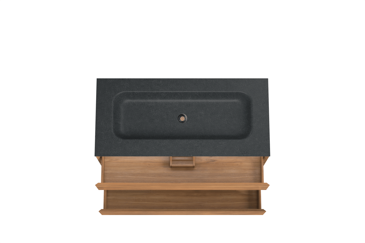 Balmani Mitra hängendes Möbelstück Set: 120 x 55 cm, Teak, mit Tablo Arcato Einzelwaschtisch für 2 Armaturenlöcher, Schwarzes Granit