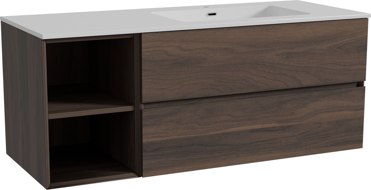 Storke Edge zwevend badkamermeubel 130 x 52 cm notelaar met Diva asymmetrisch rechtse wastafel in composietmarmer glanzend wit