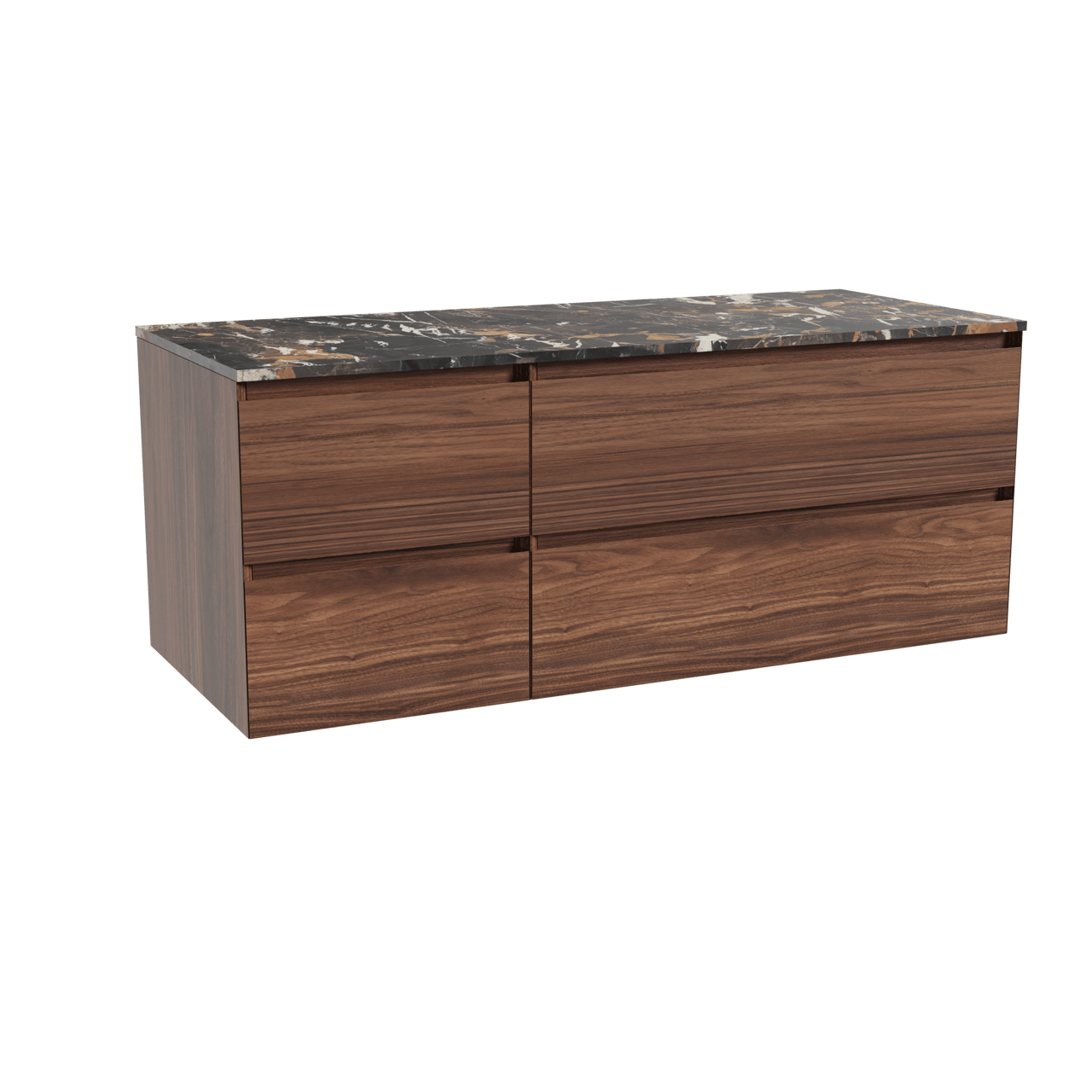 Balmani Mitra hängendes Möbelstück Set: 135 x 55 cm, Nussbaum, mit Stretto Einzel- oder Doppel Waschtischplatte, Marmor Portoro Gold