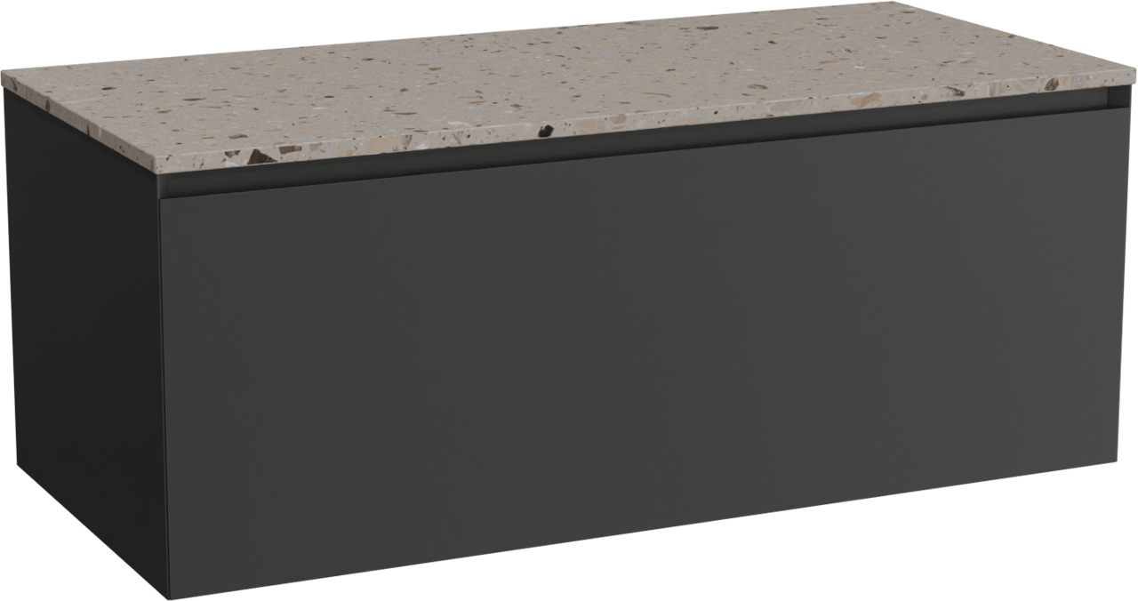 Balmani Idra zwevend badmeubel 120 x 55 cm mat zwart met Stretto enkel of dubbel wastafelblad in terrazzo greige terrazzo