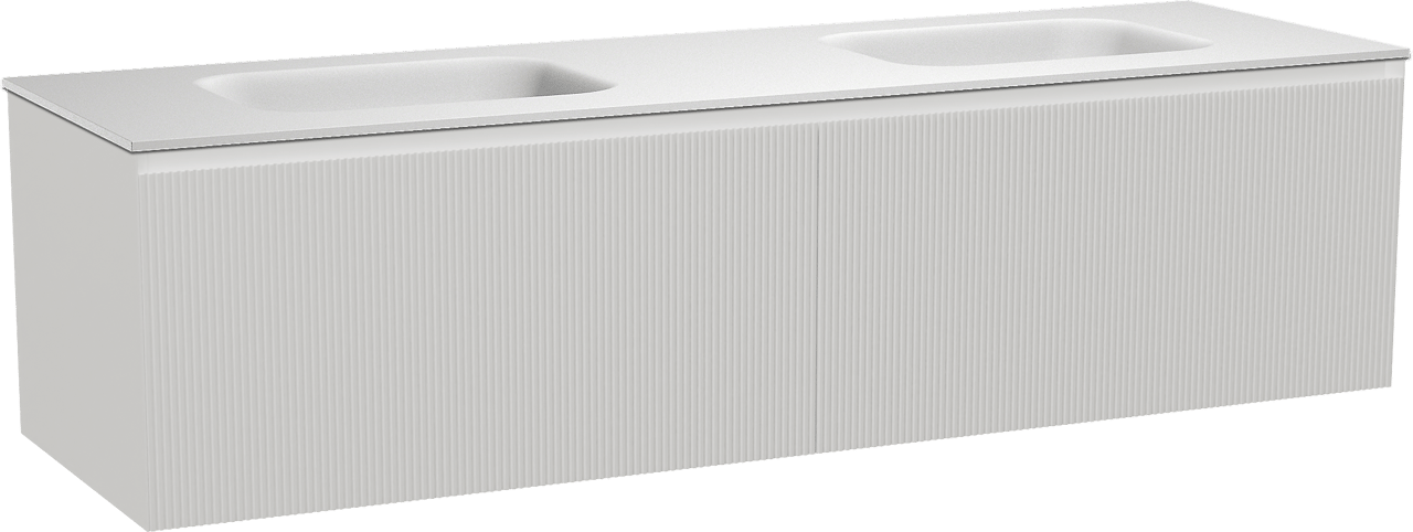 Balmani Fila zwevend badmeubel 180 x 55 cm mat wit met Tablo Arcato dubbele wastafel in solid surface mat wit, Verticale symmetrische rechte ribbel