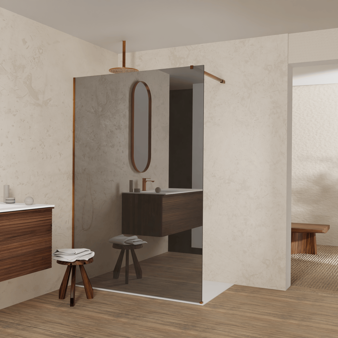 Balmani Modular Walk-In Dusche: 140 x 200 cm, Reflex-Spiegelglas, inklusive Coating, Profil Brushed Rosegold