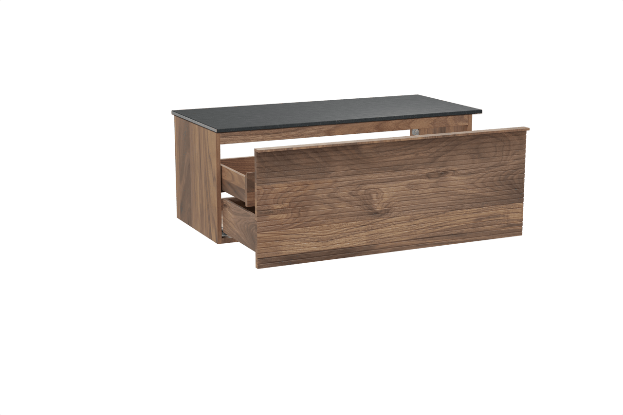 Balmani Forma meuble salle de bains suspendu 120 x 55 cm noyer américain avec Stretto tablette simple en granit noir, Nervure droite symétrique horizontale