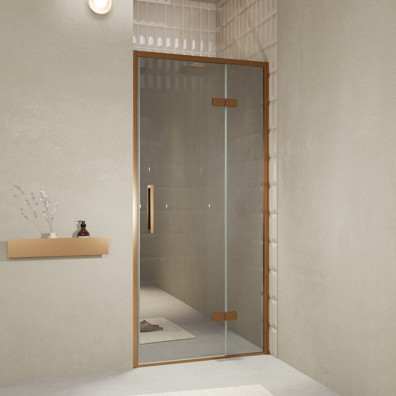 Balmani Senses Design Dusche Drehtür, Rechts, 100 cm x 210 cm, Reflex-Spiegelglas, Profil Brushed Rosegold, inklusive Coating