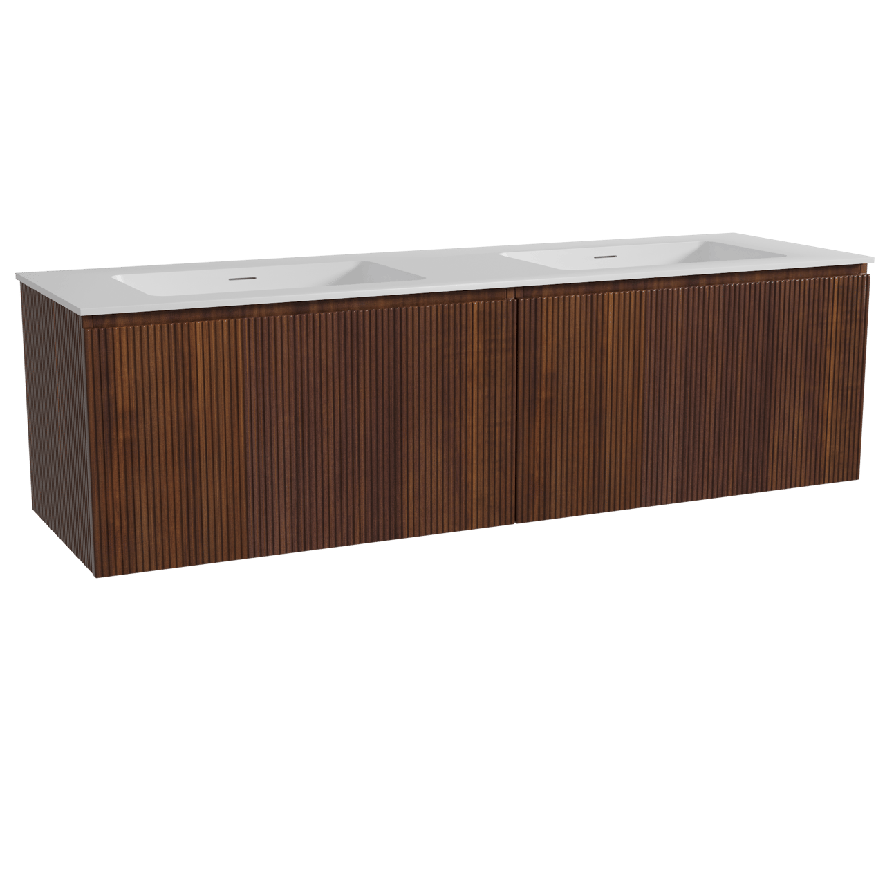 Storke Ribs zwevend badkamermeubel 170 x 52 cm notelaar met Mata dubbele wastafel in solid surface mat wit, Verticale symmetrische rechte ribbel