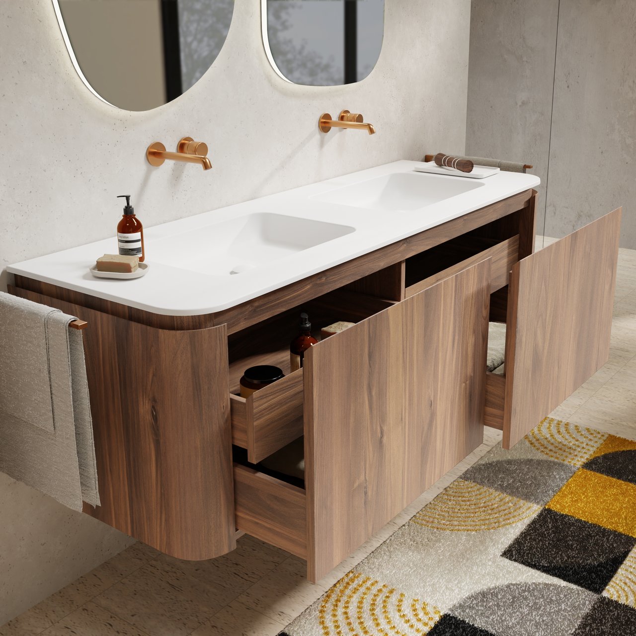 Balmani Moon hängendes Möbelstück Set: 160 x 55 cm, Amerikanischer Nussbaum, mit Moon Doppelwaschtisch, Solid Surface Weiß matt