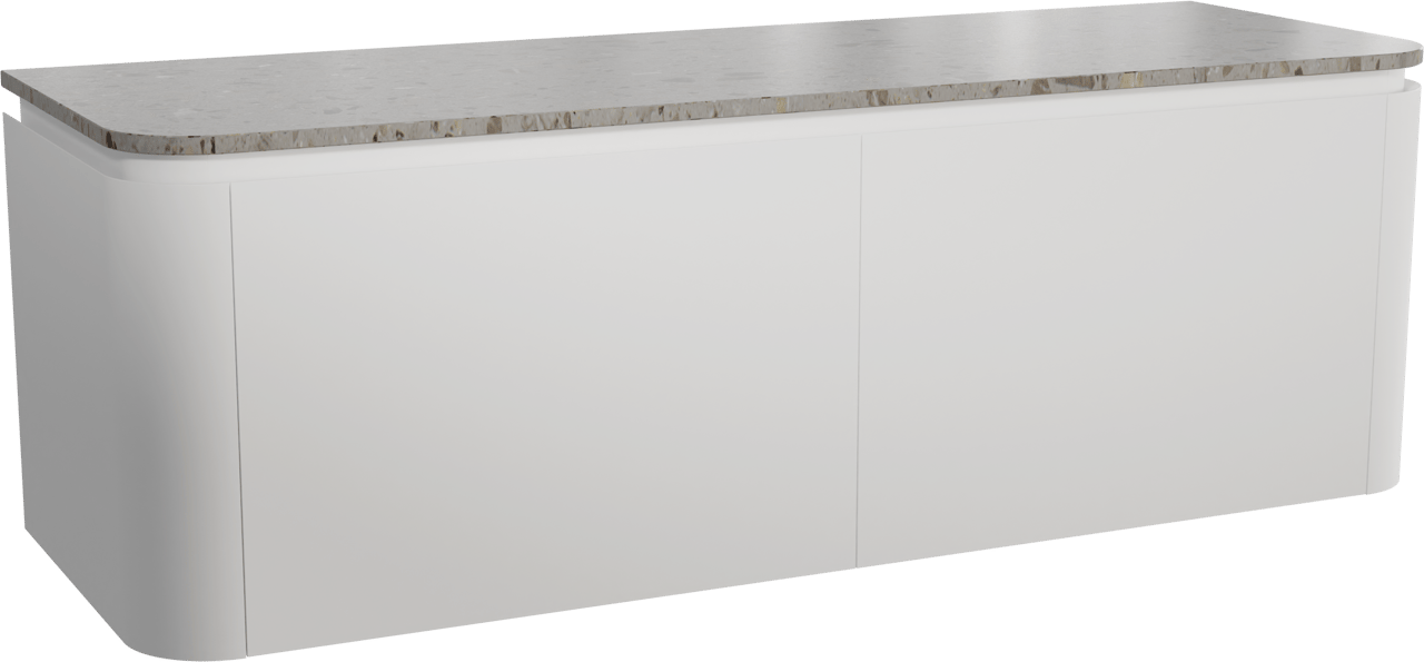 Balmani Moon hängendes Möbelstück Set: 160 x 55 cm, Weiß matt, mit Moon Einzel- oder Doppel Waschtischplatte, Terrazzo in Greige