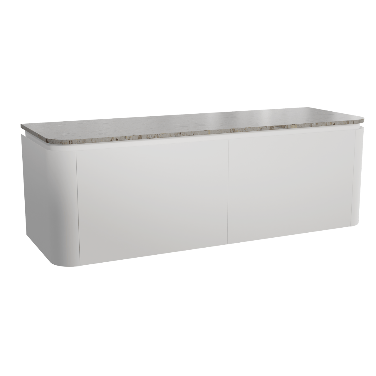 Balmani Moon hängendes Möbelstück Set: 160 x 55 cm, Weiß matt, mit Moon Einzel- oder Doppel Waschtischplatte, Terrazzo in Greige