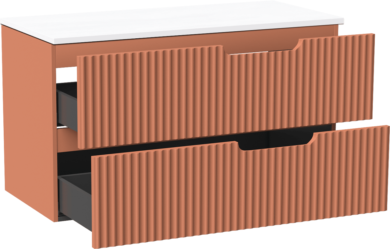 Linie Ribbo hängendes Möbelstück Set: 100 x 46 cm, Cotto, mit Lado Einzel- oder Doppel Waschtischplatte, Marmorkomposit, Weiß matt, Vertikale symmetrische runde Rippe