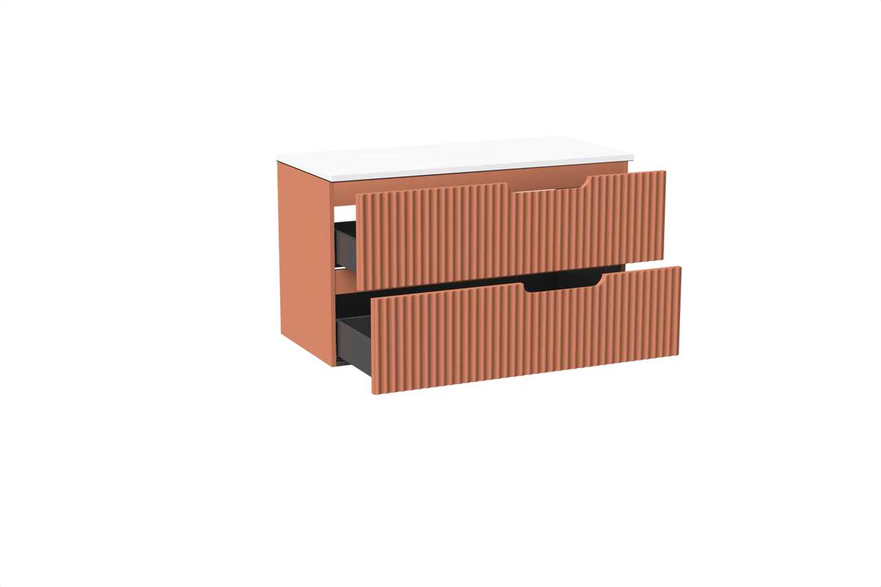 Linie Ribbo meuble salle de bains suspendu 100 x 46 cm cotto avec Lado tablette simple ou double en marbre composite blanc brillant, Nervure circulaire symétrique verticale