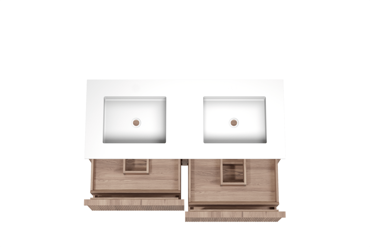 Balmani Forma zwevend badkamermeubel 135 x 55 cm teak met Tablo Stretto dubbele wastafel in solid surface mat wit, Verticale symmetrische rechte ribbel