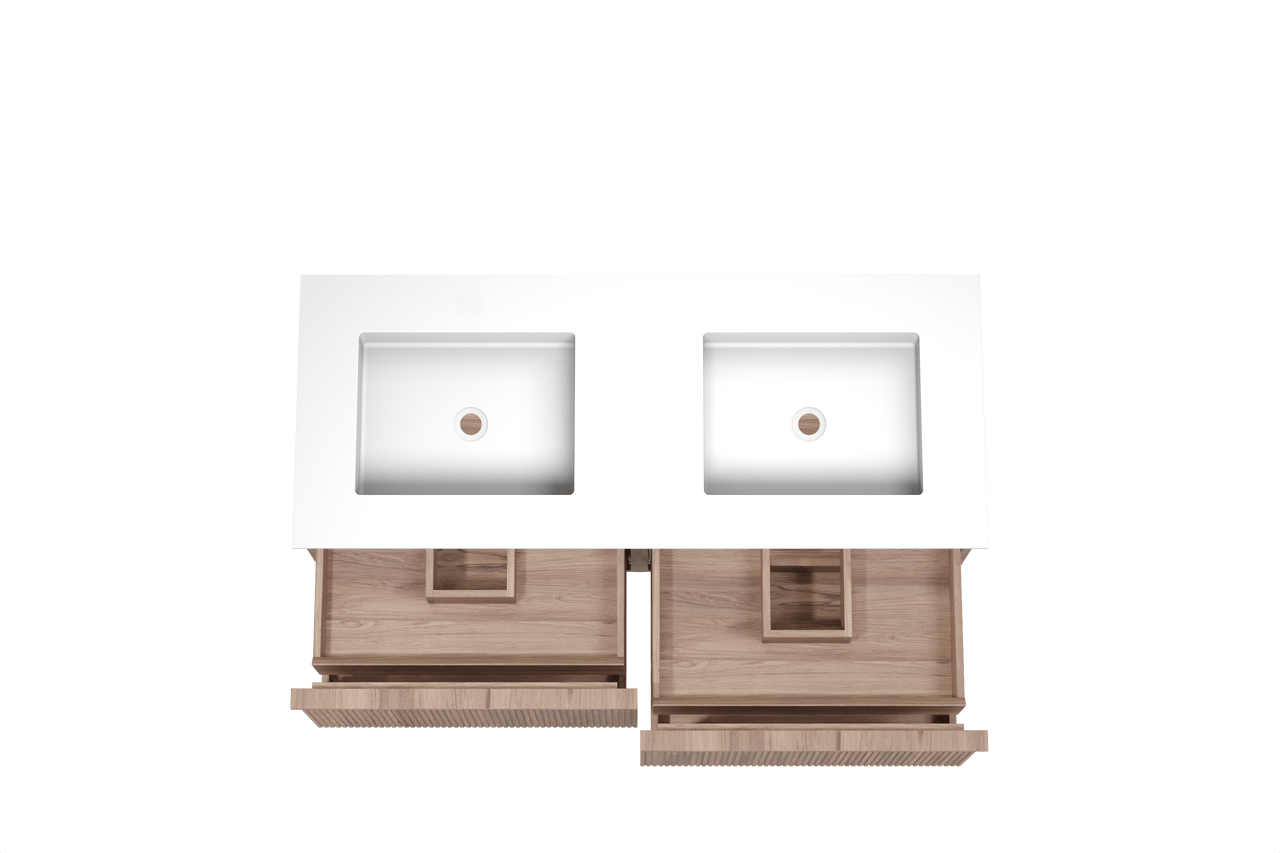 Balmani Forma meuble salle de bains suspendu 135 x 55 cm teck avec Tablo Stretto double vasque en solid surface blanc mat, Nervure droite symétrique verticale