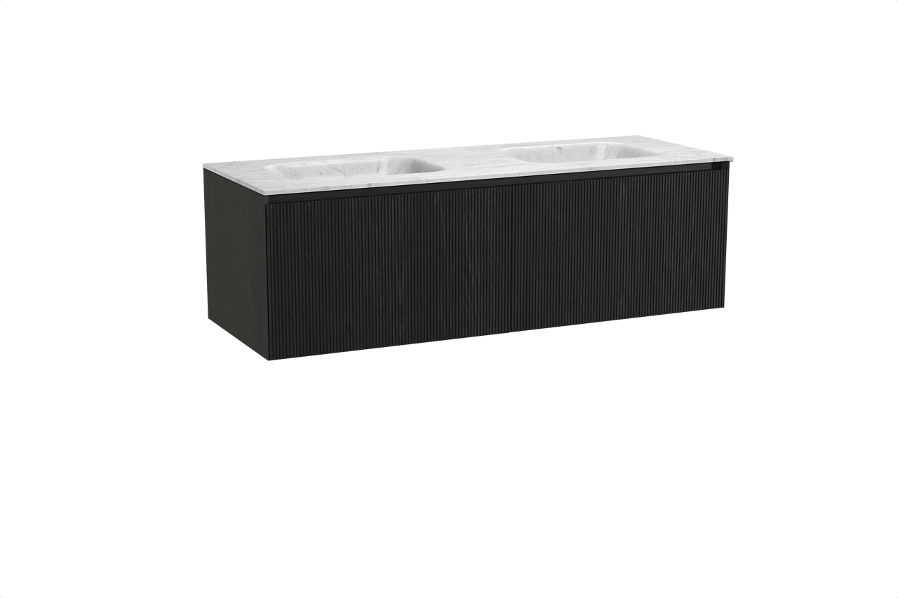 Balmani Fila meuble salle de bains suspendu 150 x 55 cm chêne noir avec Tablo Arcato double vasque en marbre carrara, Nervure droite symétrique verticale