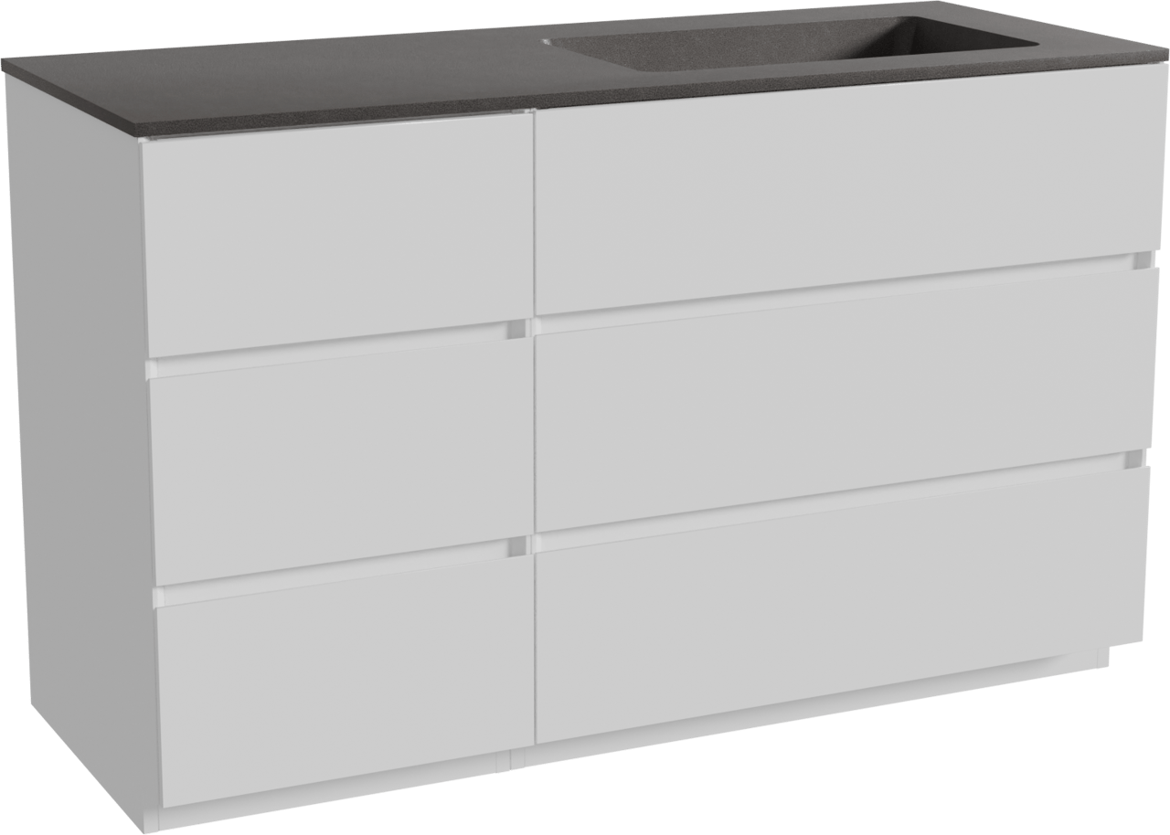 Storke Edge staand badmeubel 130 x 52 cm mat wit met Scuro asymmetrisch rechtse wastafel in kwarts mat zwart