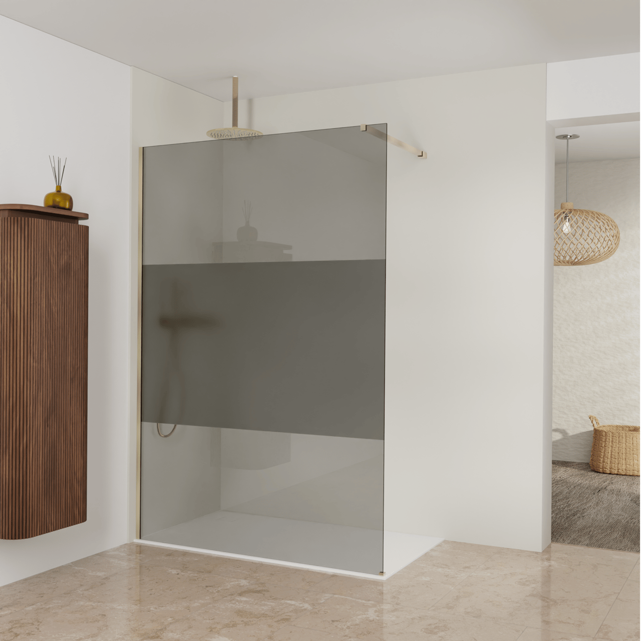 Balmani Modular Walk-In Dusche: 140 x 200 cm, Rauchglas mit mattiertem Streifen, Profil Brushed Champagne Gold