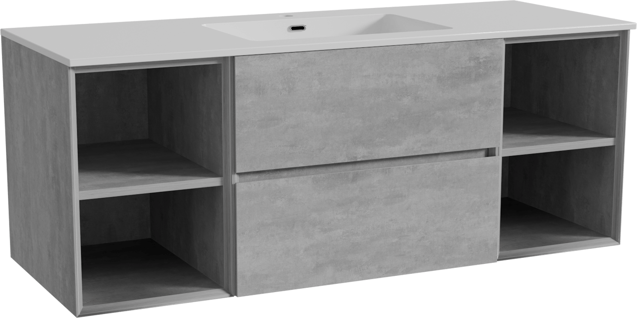 Storke Edge hängendes Möbelstück Set: 135 x 52 cm, Beton dunkelgrau, mit Diva Einzelwaschtisch, Marmorkomposit Weiß glänzend