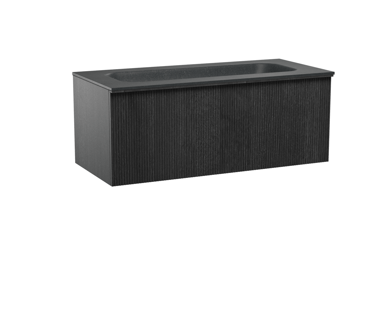 Balmani Forma zwevend badkamermeubel 120 x 55 cm zwarte eik met Tablo Arcato enkele wastafel voor 2 kraangaten in graniet zwart, Verticale symmetrische rechte ribbel