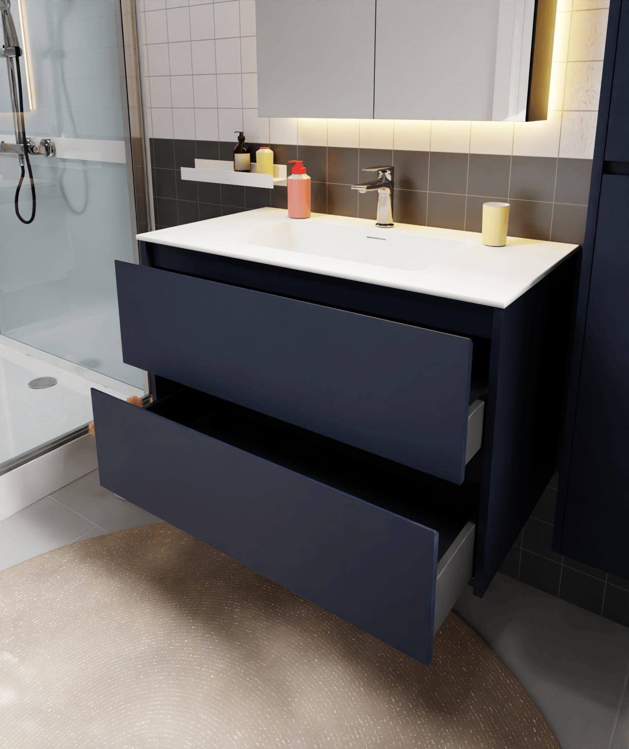 Storke Seda meuble sous-lavabo suspendu 95 x 52 cm bleu nuit 2 tiroirs