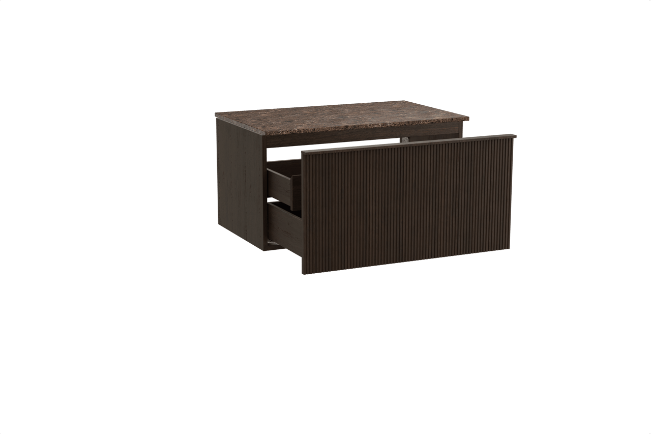 Balmani Forma hängendes Möbelstück Set: 90 x 55 cm, Geräucherte Eiche, mit Stretto Einzel Waschtischplatte, Marmor, Dark Emperador, Vertikale symmetrische gerade Rippe