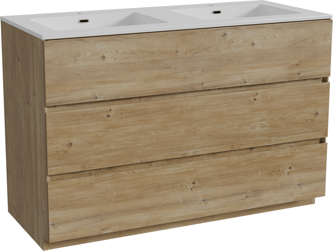 Storke Edge freistehendes Möbelstück Set: 120 x 52 cm, Rohe Eiche, mit Diva Doppelwaschtisch, Marmorkomposit Weiß glänzend