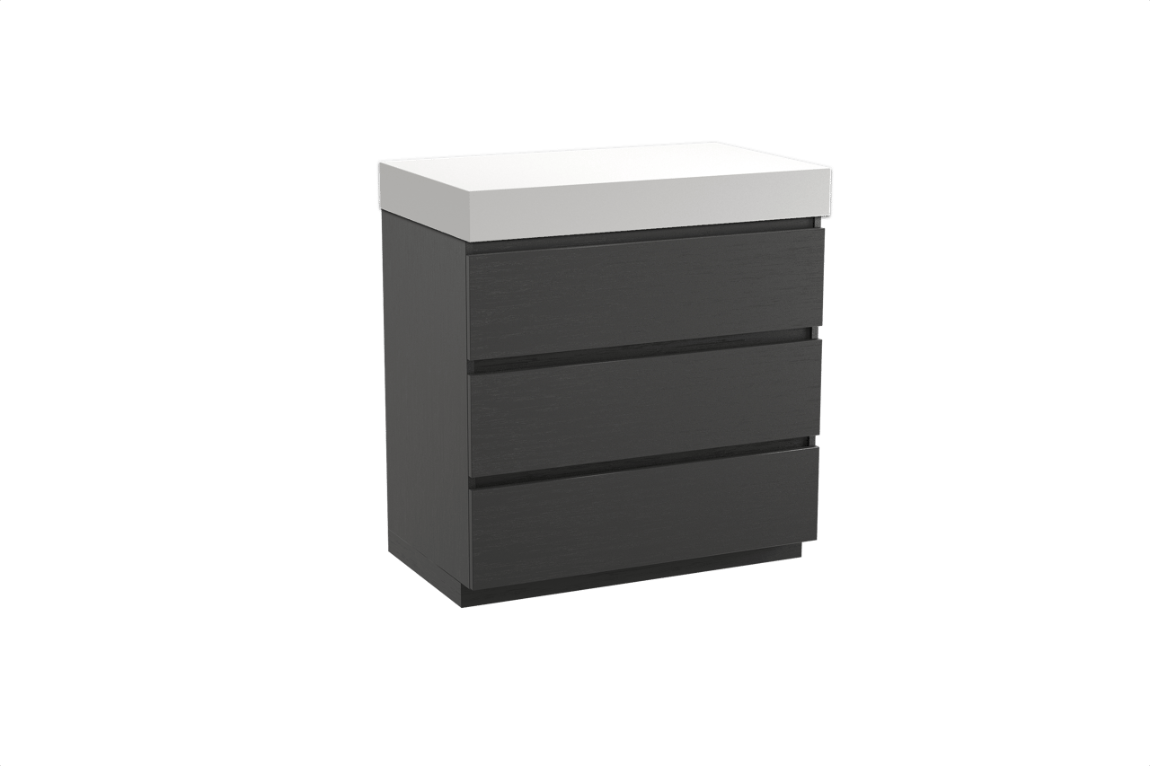 Balmani Lucida freistehendes Möbelstück Set: 90 x 55 cm, Schwarze Eiche, mit Dominus Einzel Waschtischplatte, Solid Surface Weiß matt