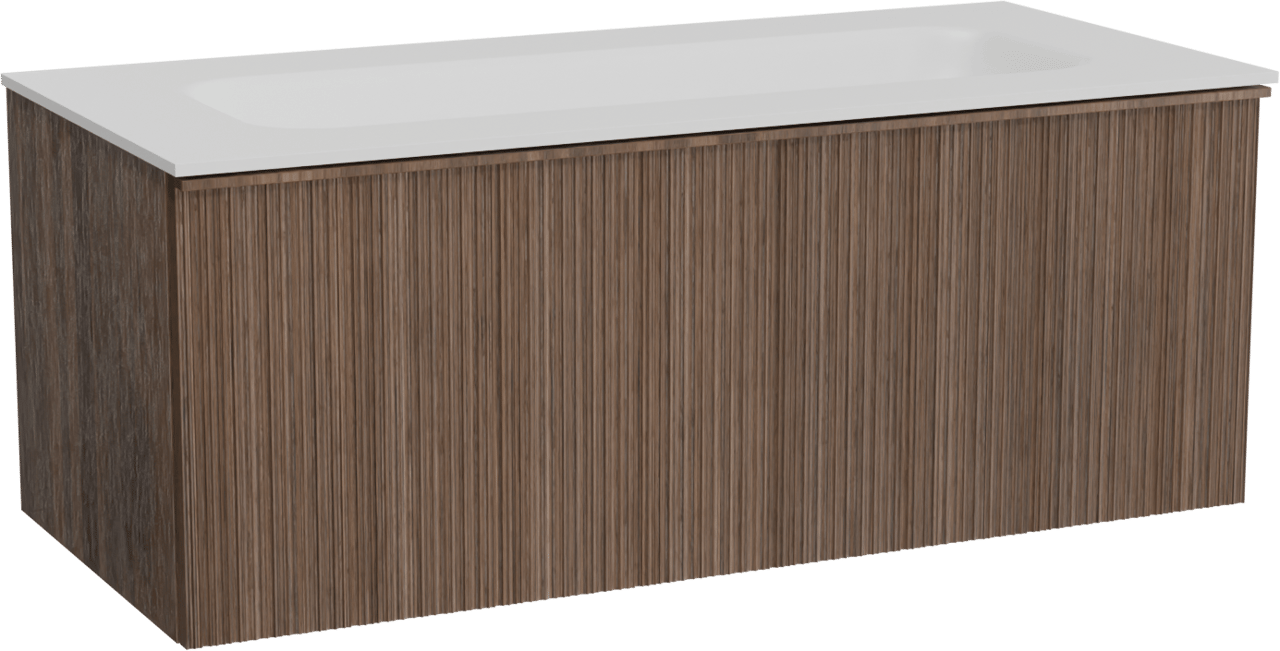 Balmani Forma zwevend badmeubel 120 x 55 cm amerikaans notenhout met Tablo Arcato enkele wastafel voor 2 kraangaten in solid surface mat wit, Verticale asymmetrische ronde ribbel