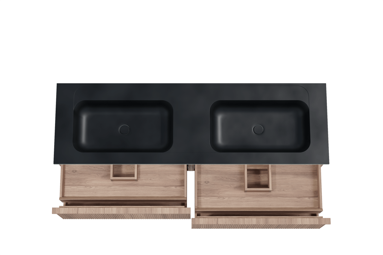 Balmani Forma hängendes Möbelstück Set: 180 x 55 cm, Teak, mit Tablo Strada Doppelwaschtisch, Marmorkomposit, Schwarz matt, Vertikale symmetrische gerade Rippe