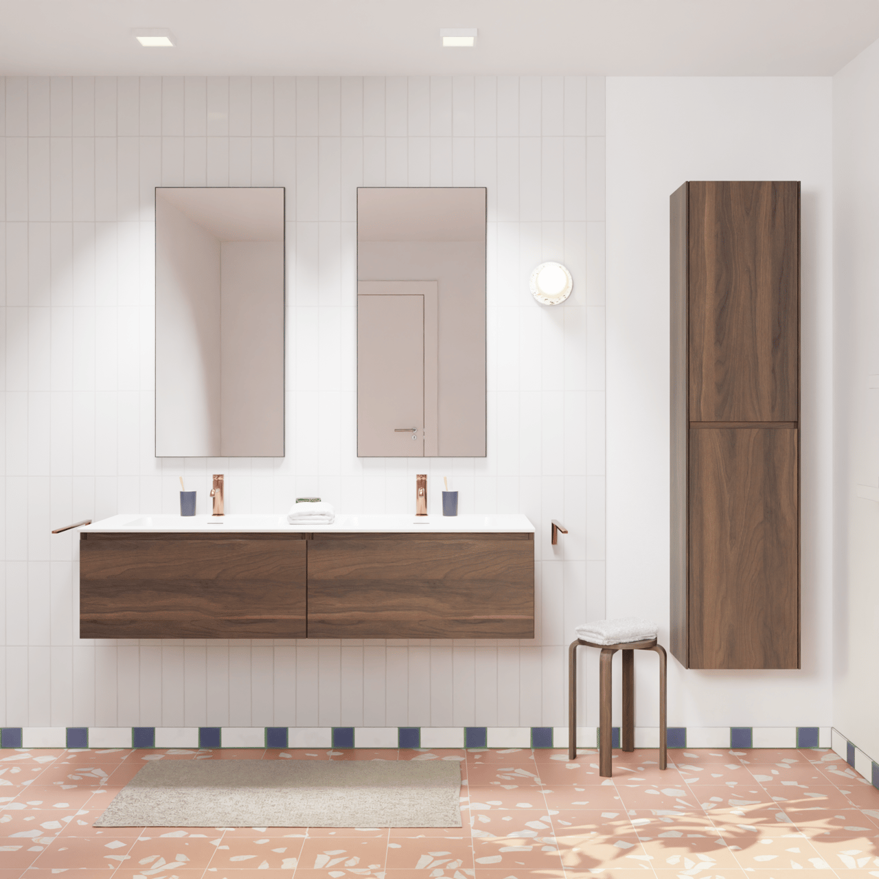 Storke Edge zwevend badmeubel 150 x 52 cm notenhout met Mata dubbele wastafel in solid surface mat wit