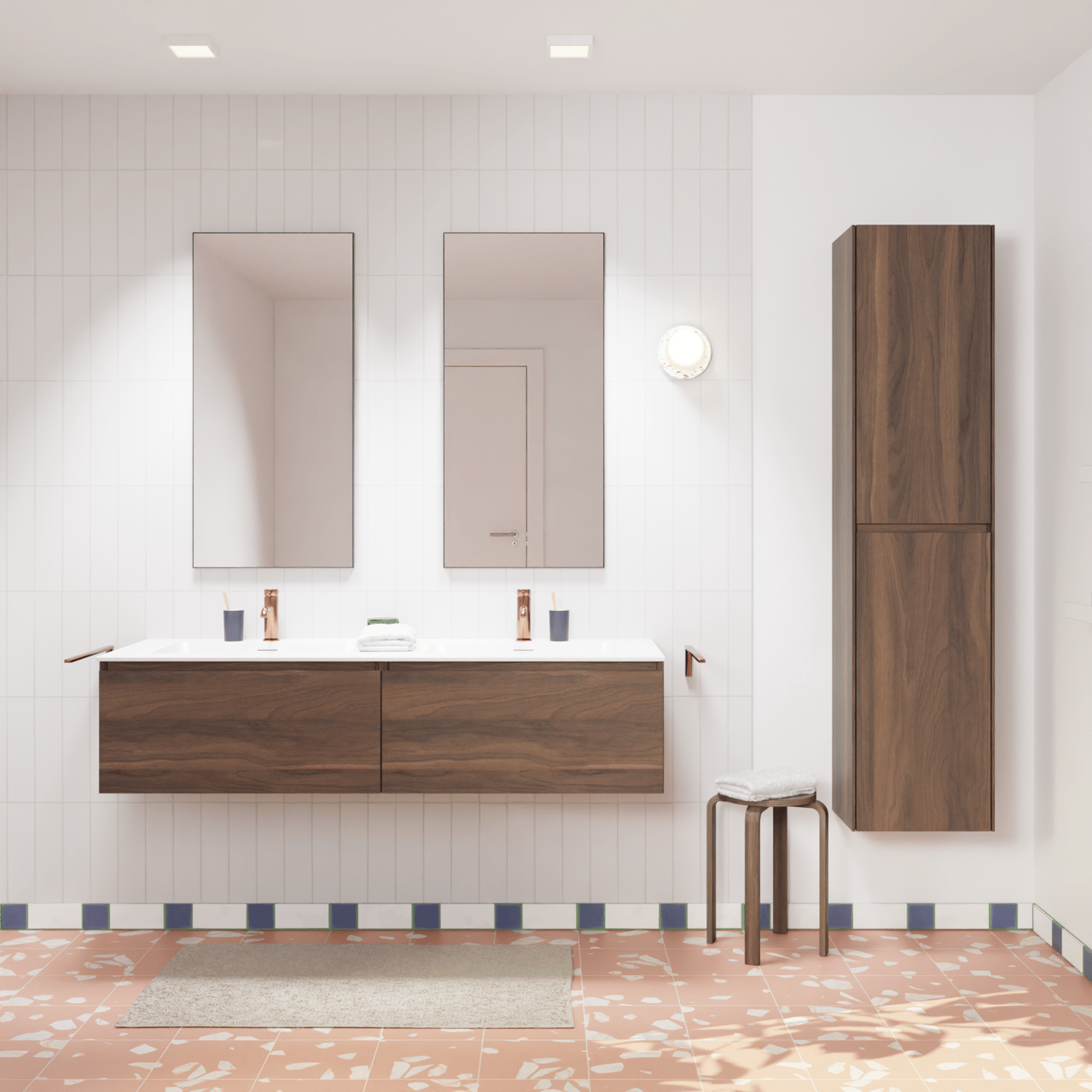 Storke Edge zwevend badkamermeubel 150 x 52 cm notelaar met Mata dubbele wastafel in solid surface mat wit