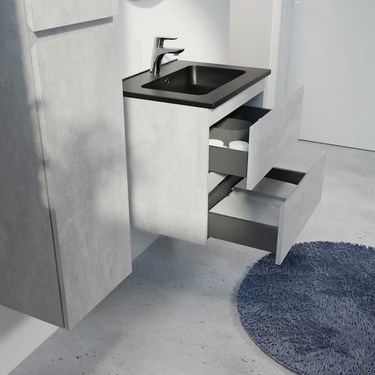 Linie Lado zwevend badmeubel 60 x 46 cm beton donkergrijs met Vano enkele wastafel in composietmarmer mat zwart