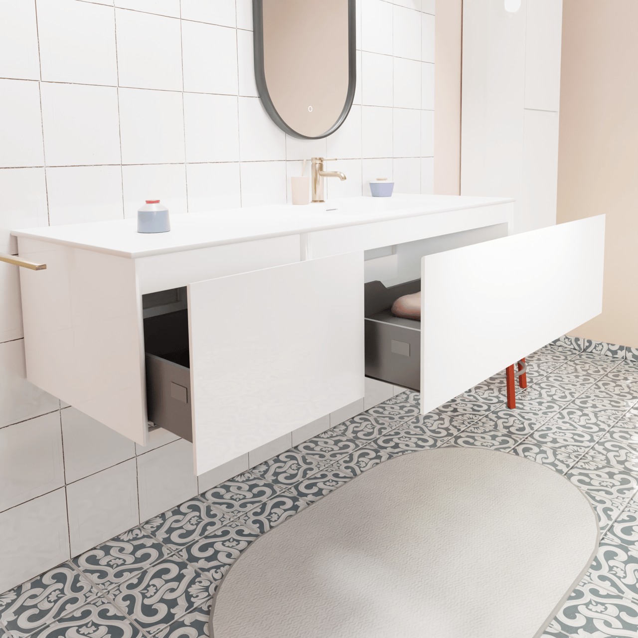 Storke Edge zwevend badkamermeubel 150 x 52 cm glanzend wit met Mata asymmetrisch rechtse wastafel in solid surface mat wit