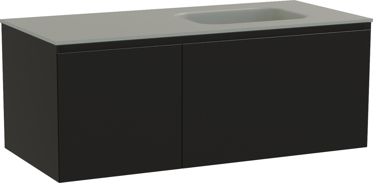 Balmani Idra zwevend badmeubel 120 x 55 cm mat zwart met Tablo Arcato asymmetrisch rechtse wastafel in solid surface steengrijs