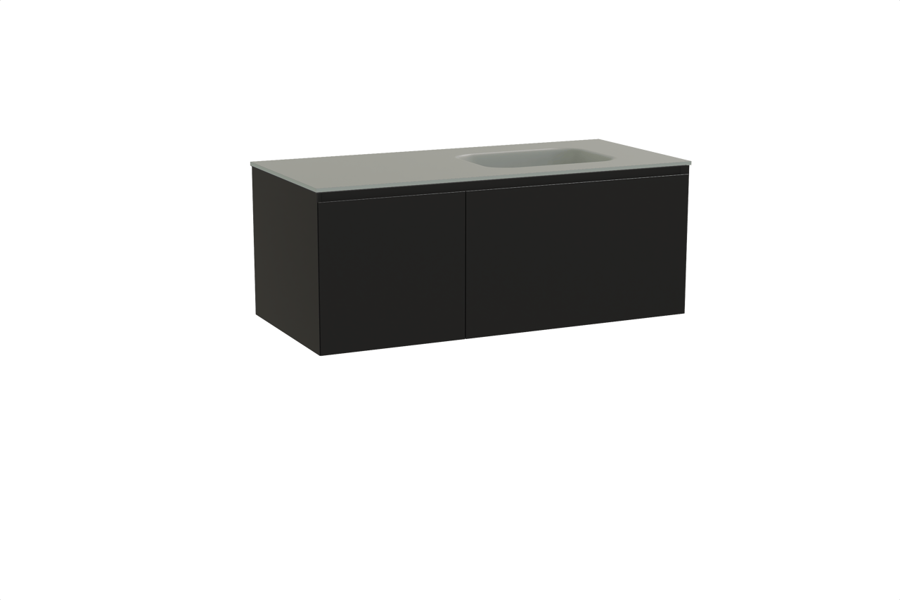 Balmani Idra zwevend badmeubel 120 x 55 cm mat zwart met Tablo Arcato asymmetrisch rechtse wastafel in solid surface steengrijs