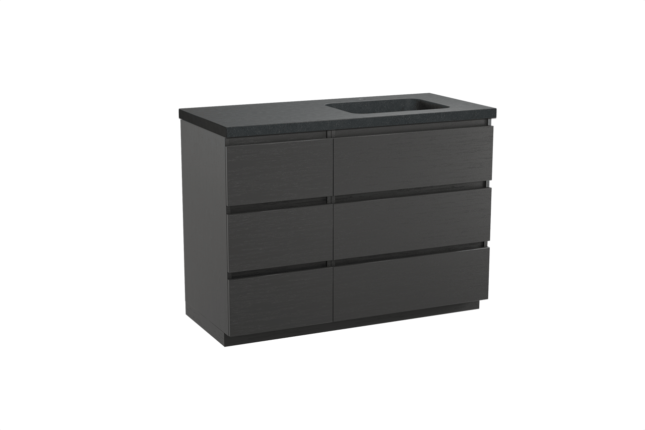 Balmani Lucida freistehendes Möbelstück Set: 120 x 55 cm, Schwarze Eiche, mit Napoli Waschtisch rechts, Schwarzes Granit