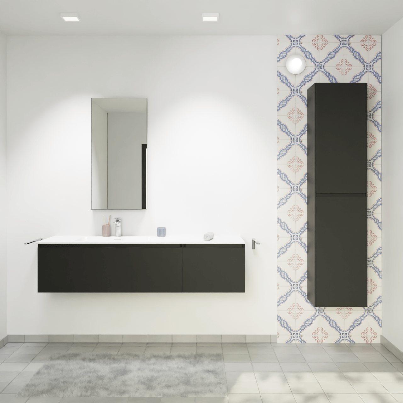 Storke Edge hängendes Möbelstück Set: 150 x 52 cm, Schwarz matt, mit Mata Waschtisch links, Solid Surface Weiß matt