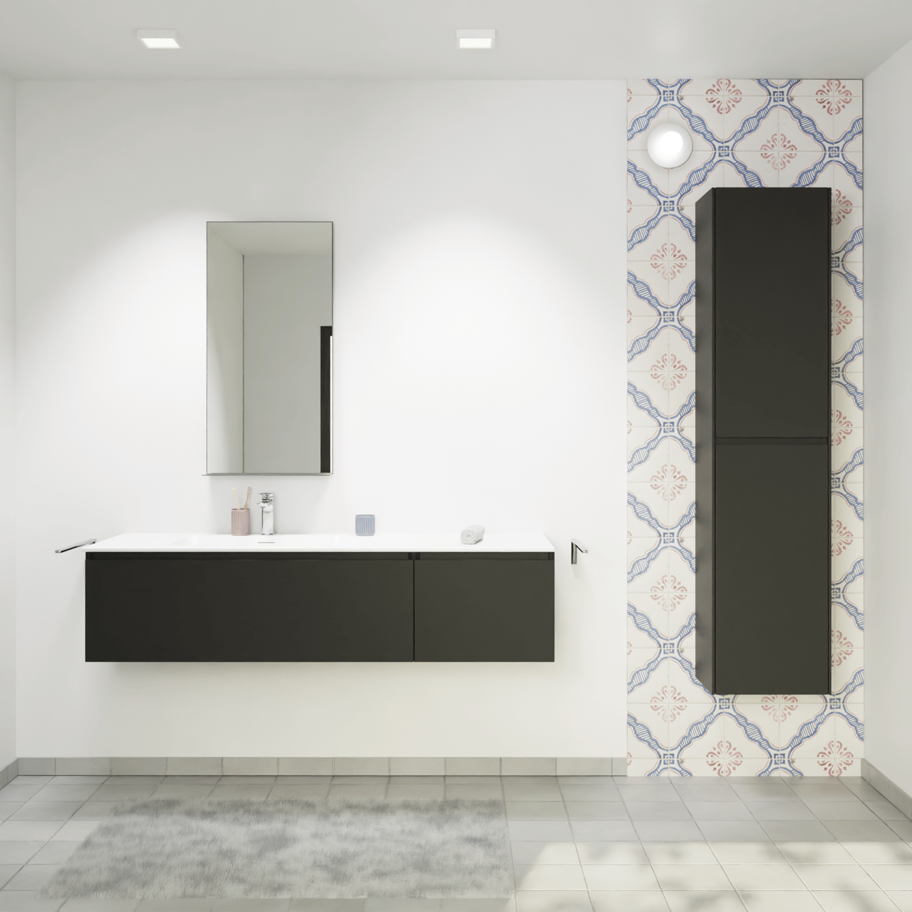 Storke Edge meuble salle de bains suspendu 150 x 52 cm noir mat avec Mata plan vasque asymétrique à gauche en solid surface blanc mat