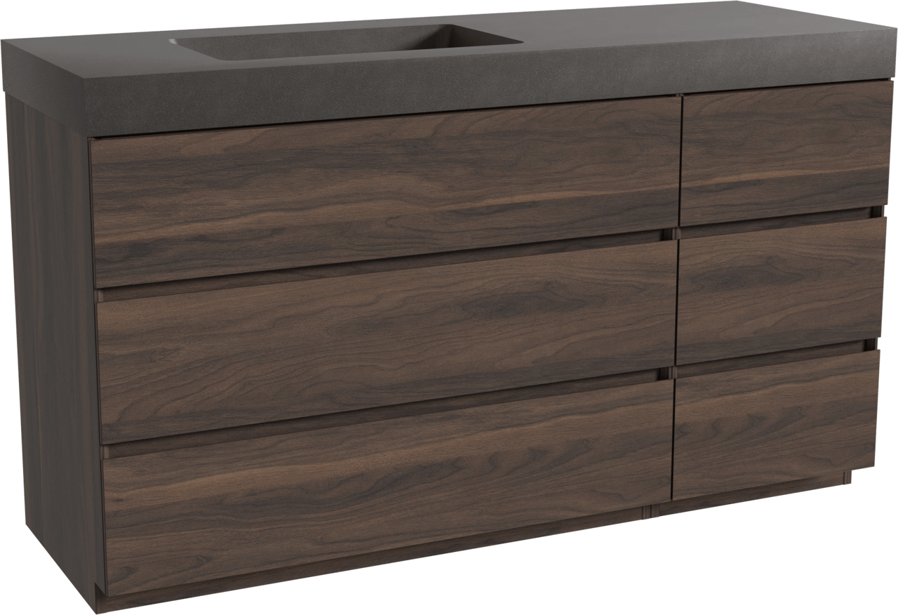 Storke Edge staand badmeubel 150 x 52 cm notenhout met Scuro High asymmetrisch linkse wastafel in kwarts mat zwart