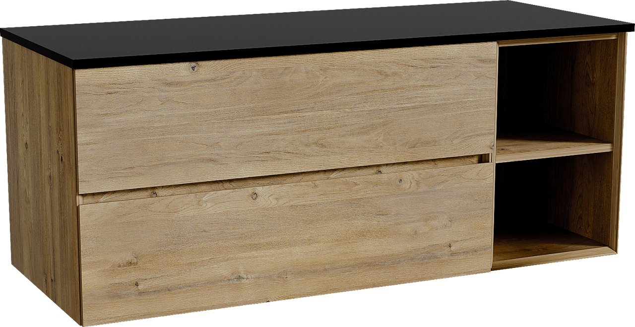 Storke Edge zwevend badkamermeubel 130 x 52 cm ruwe eik met Panton enkel of dubbel tablet in gepoedercoate mdf mat zwart