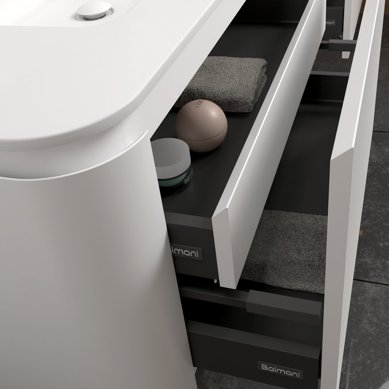 Balmani Moon zwevend badkamermeubel 130 x 55 cm zijdegrijs met Moon enkel of dubbel tablet in solid surface mat wit