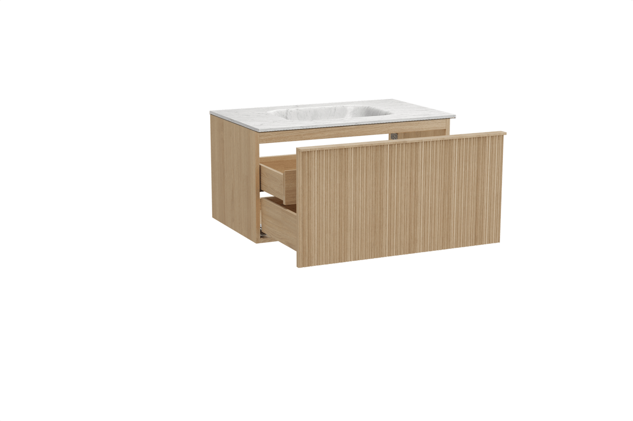 Balmani Forma meuble salle de bains suspendu 90 x 55 cm chêne naturel avec Tablo Arcato plan simple en marbre carrara, Nervure circulaire asymétrique verticale