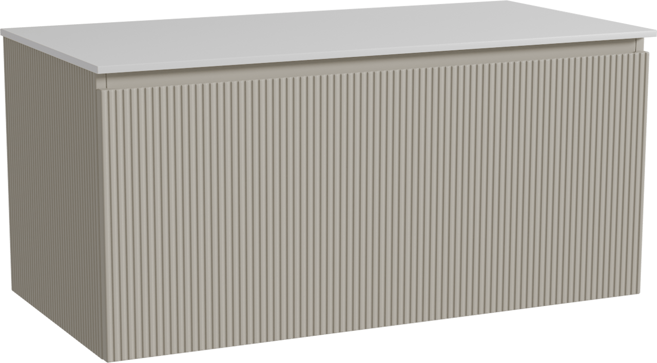 Storke Ribs meuble salle de bains suspendu 105 x 52 cm soie grise avec Tavola tablette simple en solid surface blanc mat, Nervure droite symétrique verticale